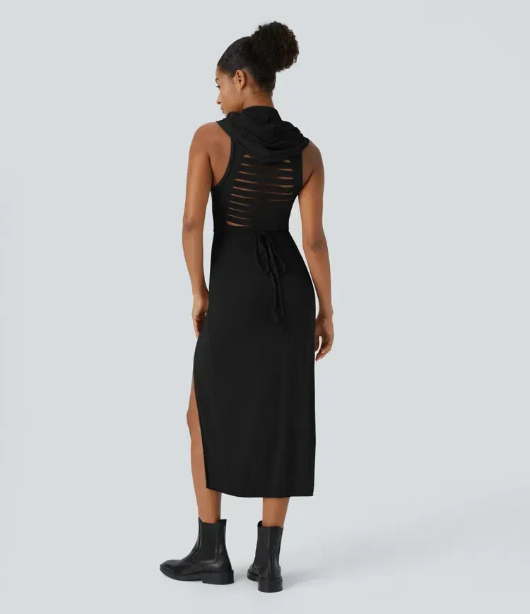ColaZebra™ - Robe décontractée midi à capuche, sans manches et dos zébré