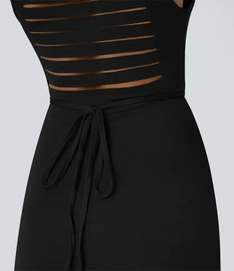 ColaZebra™ - Robe décontractée midi à capuche, sans manches et dos zébré