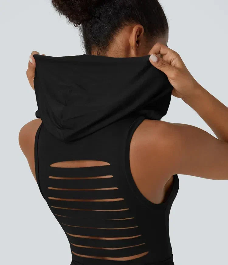 ColaZebra™ - Robe décontractée midi à capuche, sans manches et dos zébré