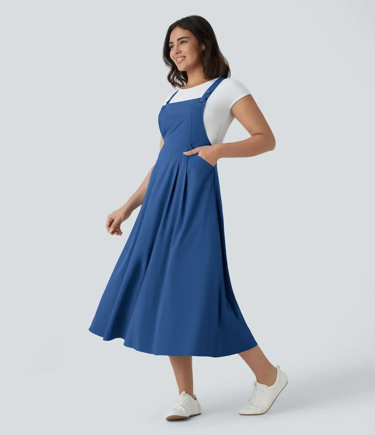 Classico™ - Robe midi décontractée et fluide à poches multiples, bretelles réglables et boutons